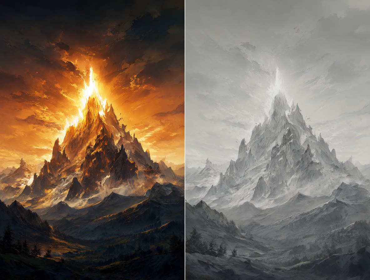 Contraste entre una escena épica brillante y su versión gris y deslucida