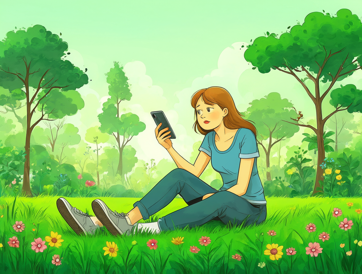 Persona sentada en el césped mirando su teléfono móvil mientras se desconecta del mundo digital.