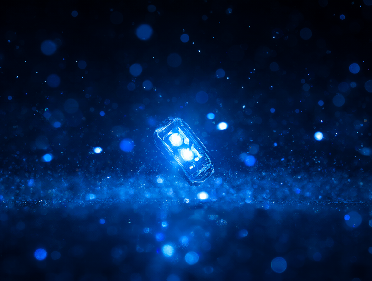 Luz LED azul brillante rodeada de un fondo científico y tecnológico.