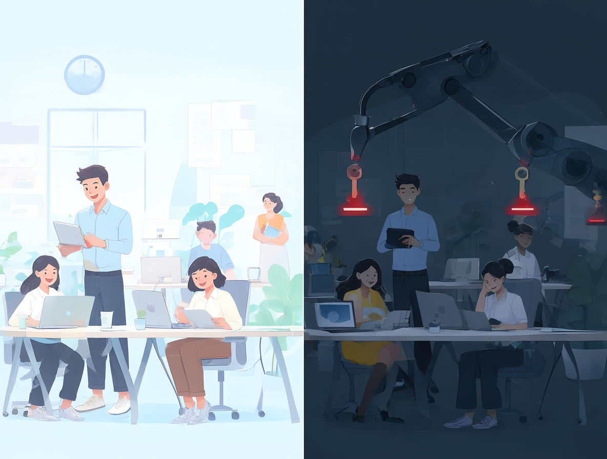 Ilustración mostrando dos escenas: un entorno de oficina tranquilo con usuarios trabajando en licencias legítimas, y una escena más oscura donde se auditan claves de mercado gris para detectar fraude.