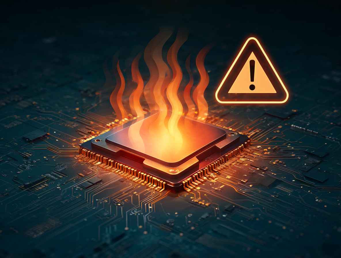 Diagrama técnico mostrando un chip de CPU con ondas de calor y un icono de advertencia por sobrecalentamiento.