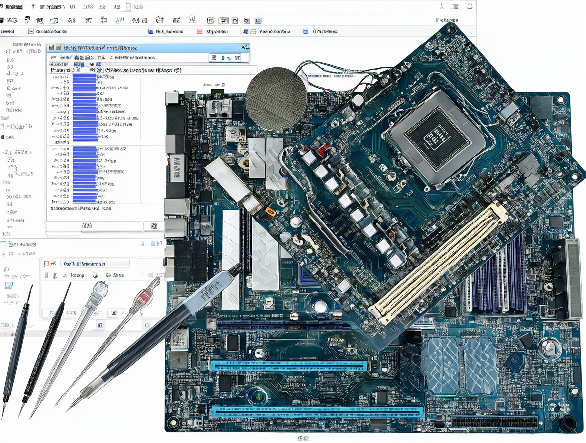 Ilustración de una placa base con herramientas de diagnóstico abiertas mostrando métricas térmicas y uso de CPU.