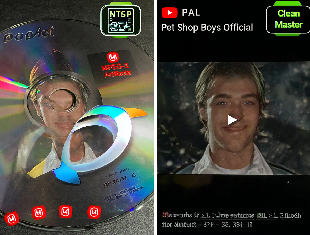 Imagen dividida mostrando una fuente DVD con artefactos NTSC y una fuente YouTube PAL limpia.