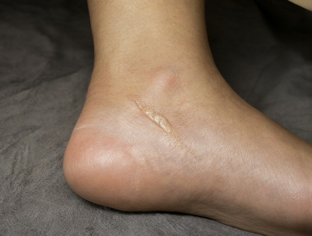 Pie humano con hinchazón y una cicatriz en el talón, mostrando edema persistente después de una lesión profunda.