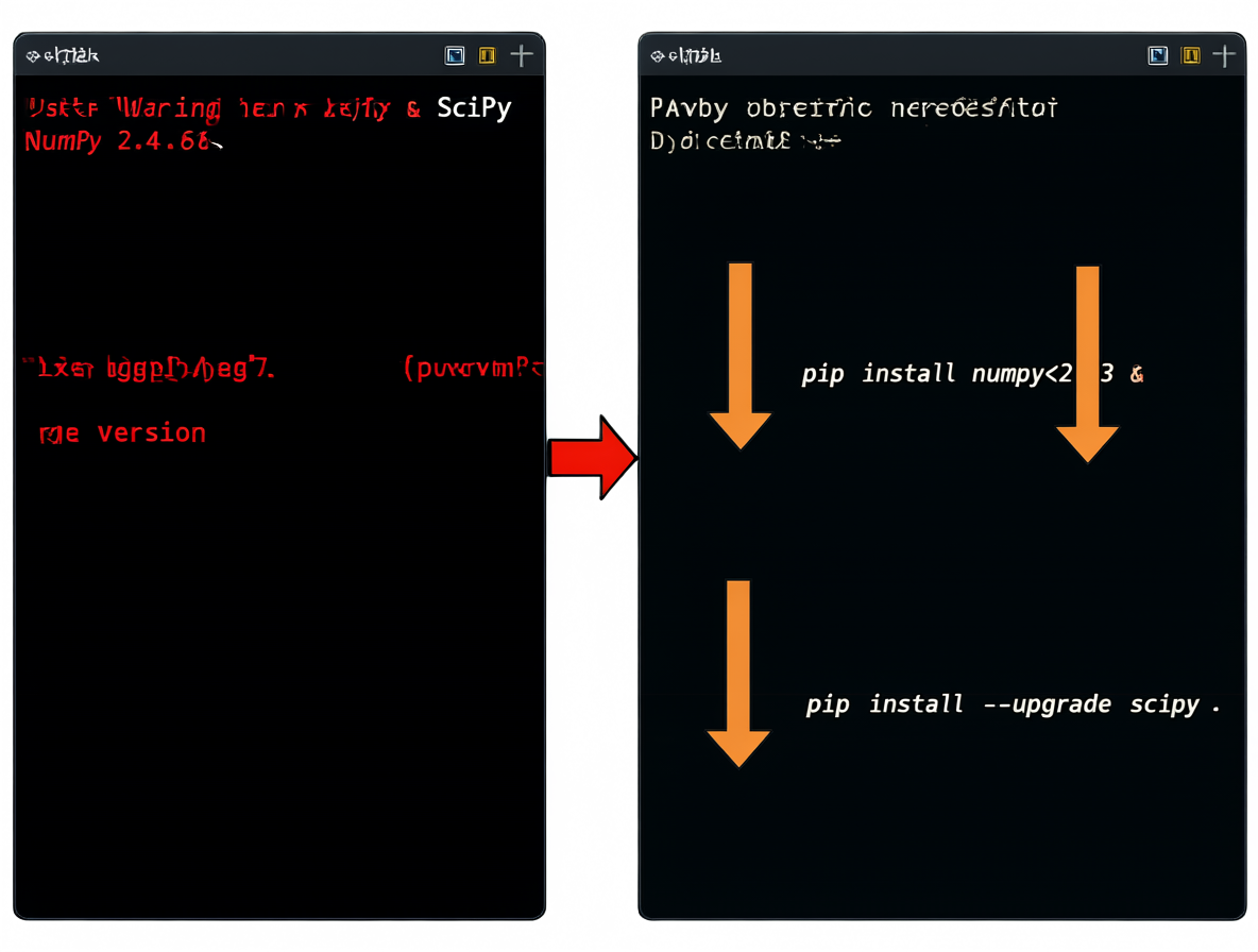 Diagrama mostrando la incompatibilidad entre SciPy y NumPy 2.4.6, con las soluciones de actualización o downgrade.