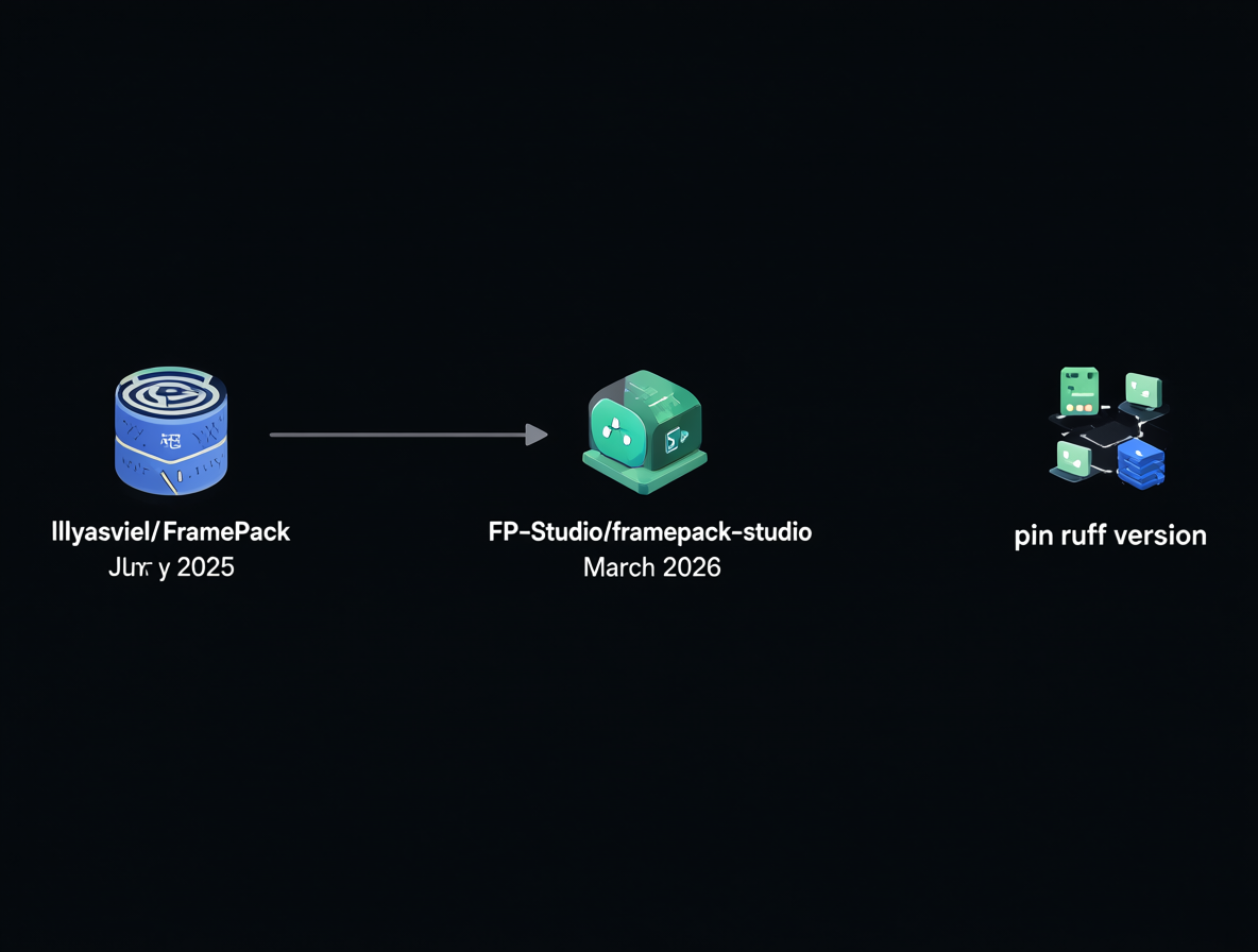 Diagrama de línea de tiempo oscuro mostrando la transición del repositorio original a FP-Studio Studio y su actividad reciente.