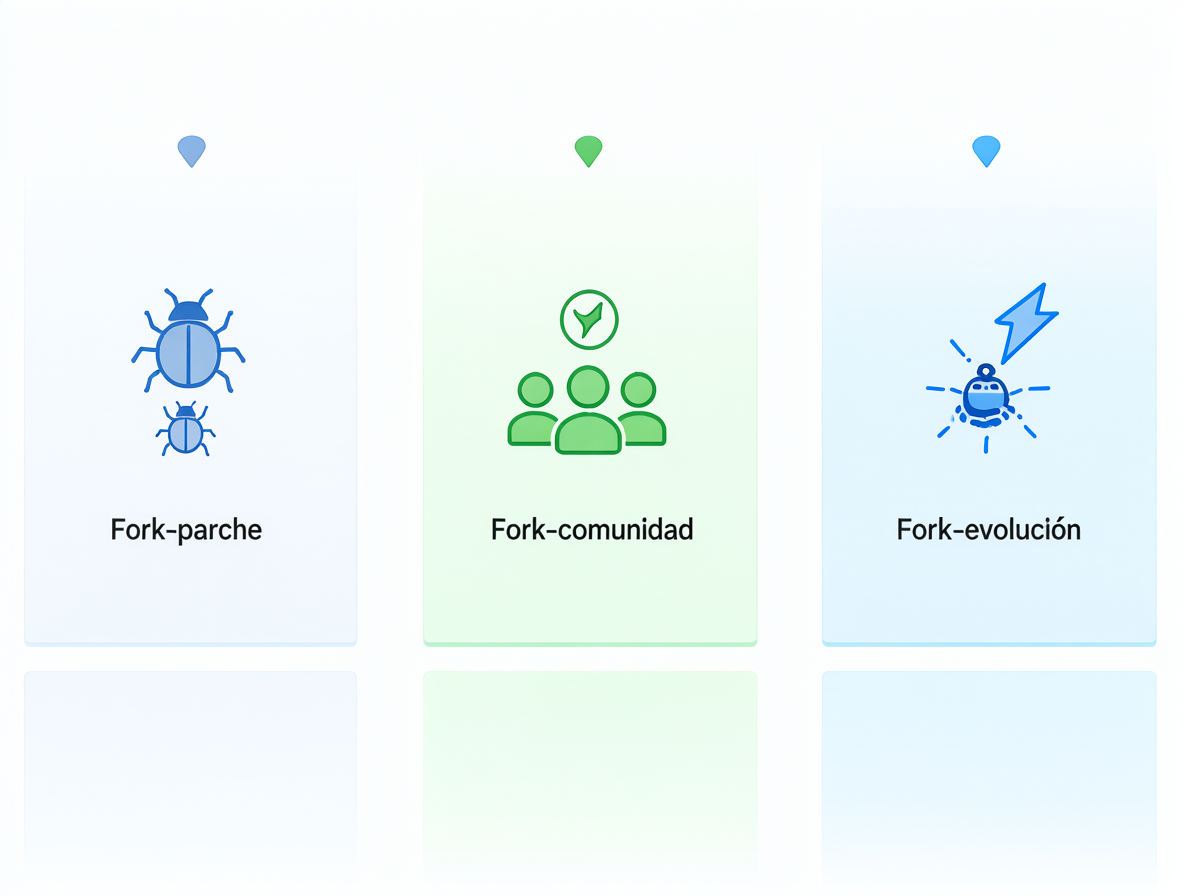 Infografía clara mostrando las categorías de Fork-parche, Fork-comunidad y Fork-evolución con iconos distintivos.