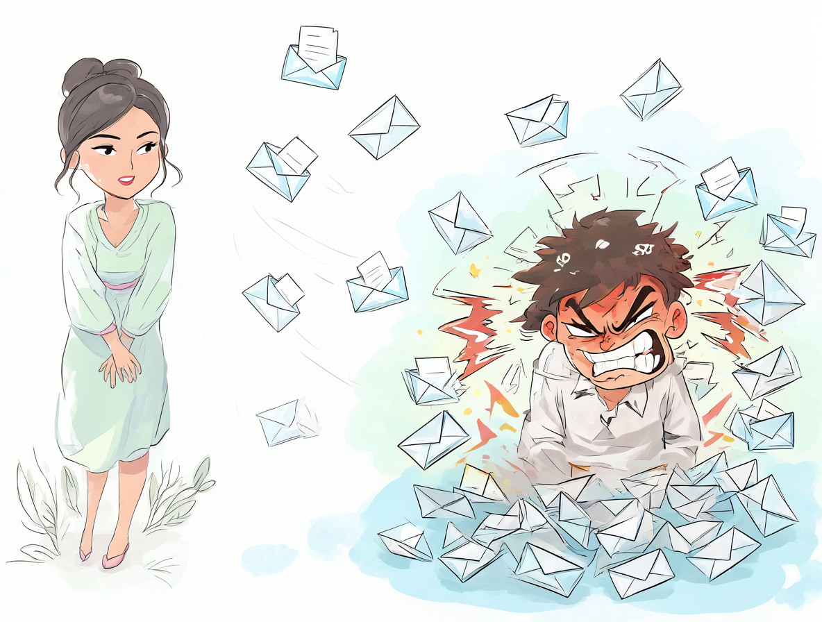 Ilustración mostrando la transformación de un correo formal a uno agresivo en el entorno laboral