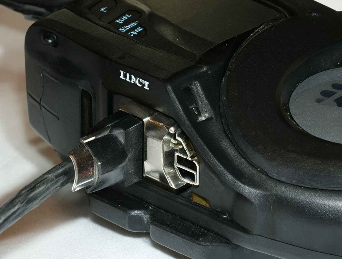 Videocámara Sony DCR-HC52 con un cable de conexión FireWire en primer plano.