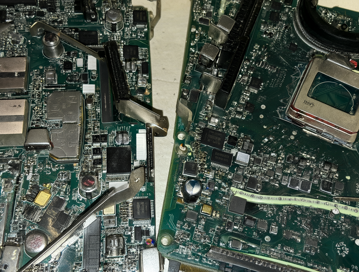 Conectores antiguos de placa madre versus puertos modernos, mostrando la obsolescencia del hardware.