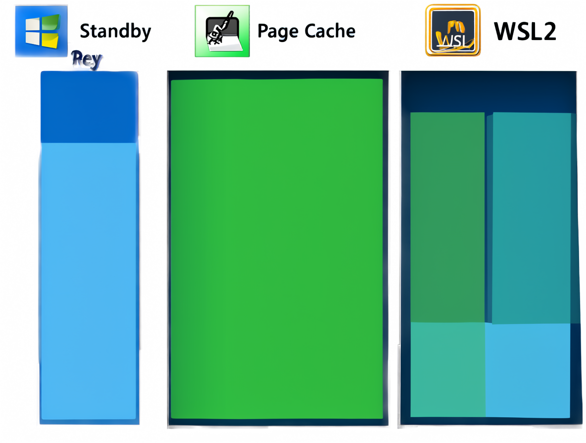 Diagrama técnico que compara la gestión de memoria en diferentes sistemas operativos, mostrando cómo cada uno utiliza su RAM para caché de archivos.