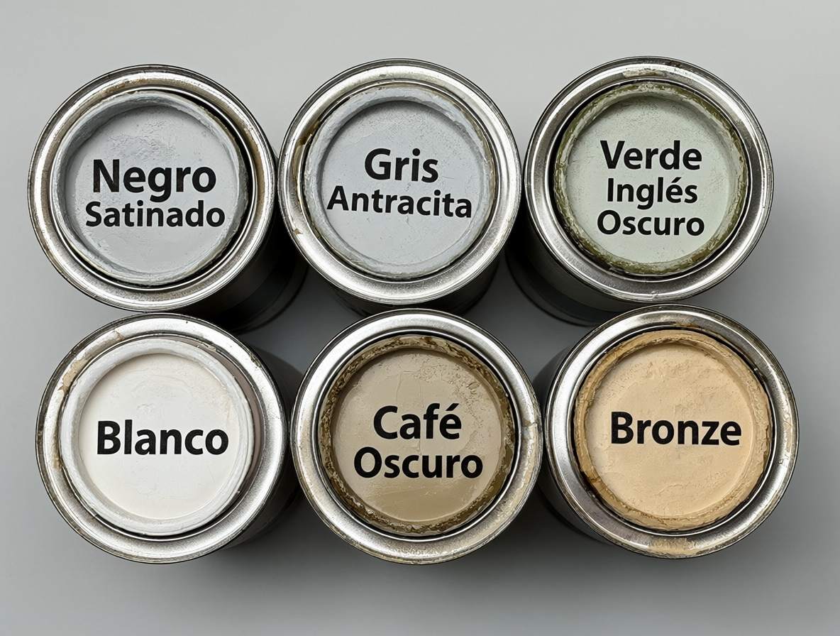 Varios botes de pintura abiertos mostrando diferentes tonos como negro, gris antracita y verde oscuro sobre un fondo neutro.