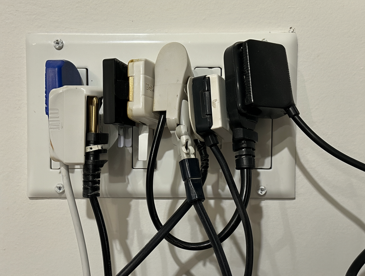 Vista de cerca de un tomacorriente saturado con múltiples adaptadores y cables.
