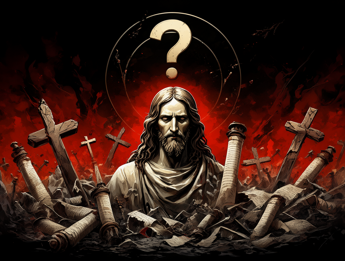 Illustration of Jesus surrounded by broken symbols representing a controversial critique of religious fanaticism.