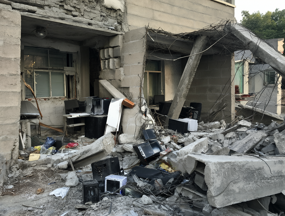 Vista de un edificio público sacudiéndose durante un sismo intenso con mobiliario desestabilizado.
