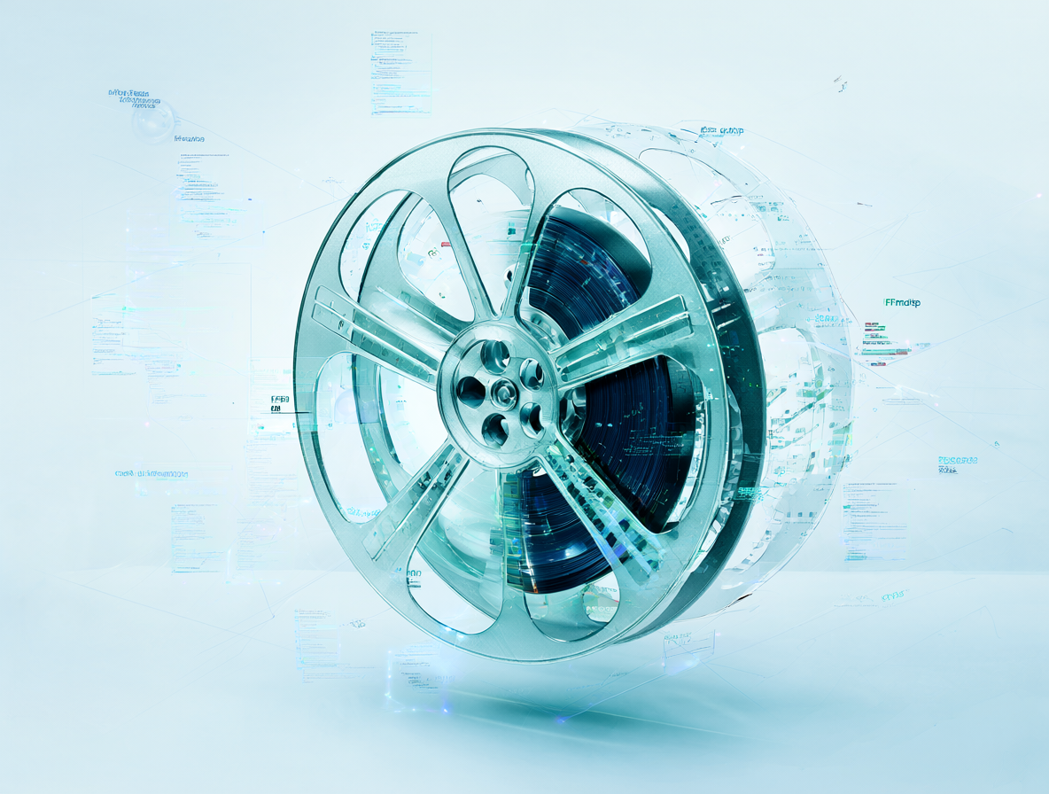 Digital workspace showing film reel transforming into digital file with code snippets.