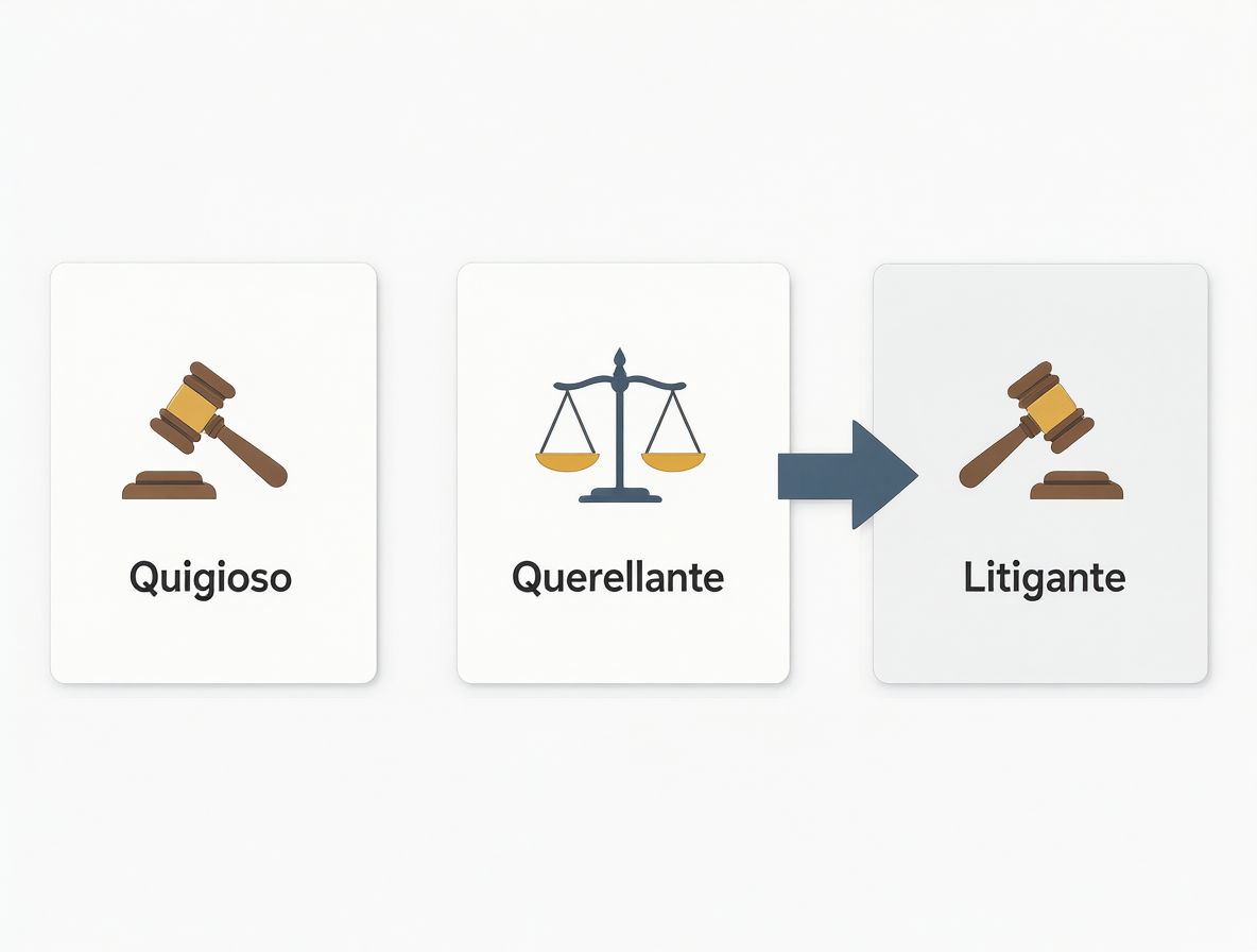 Infographic showing the differences between the legal terms Litigioso, Querellante, and Litigante with arrows indicating their relationship.
