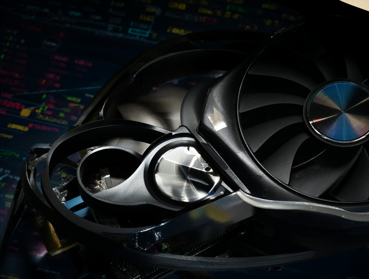 Una tarjeta gráfica RTX 5090 usada sobre un fondo de gráficos financieros que muestran el precio del hardware fluctuando.
