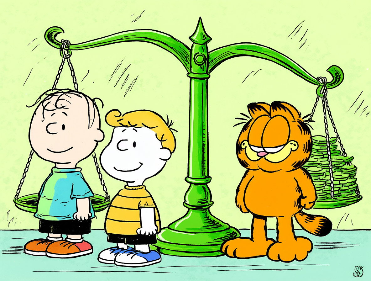 Calvin y Hobbes comparados con Peanuts y Garfield en una ilustración de cómic.