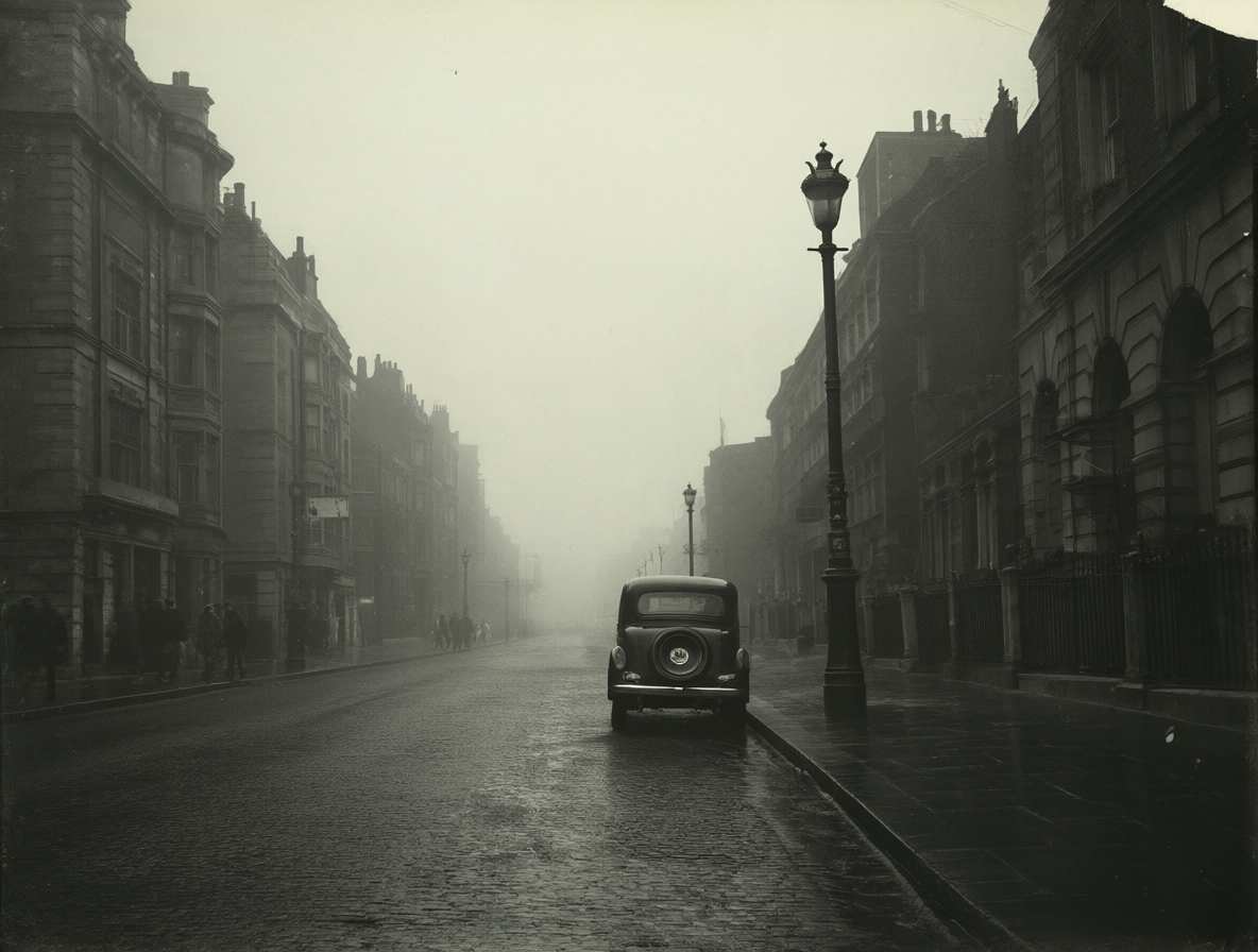 Una calle londinense neblinosa en los años 50 con adoquines y coches antiguos.