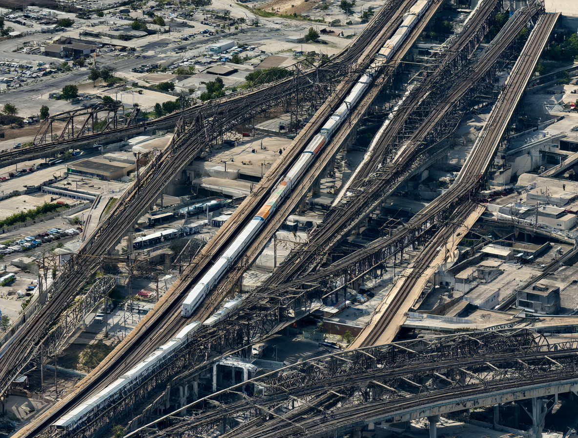 Vista aérea de las vías elevadas del metro de Chicago, mostrando su robusta estructura metálica y el entorno urbano.