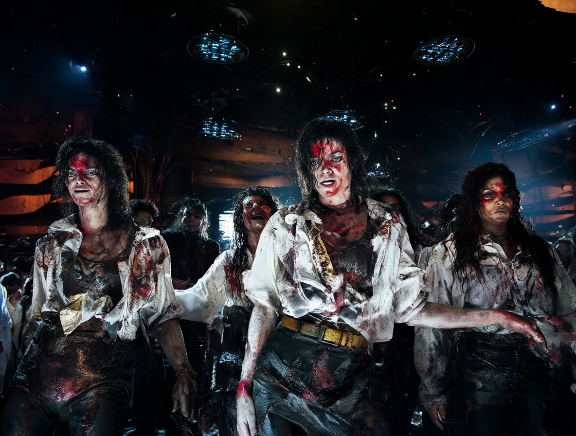 Imagen dividida mostrando a Michael Jackson bailando con zombis y a Janet Jackson en un set espacial futurista.