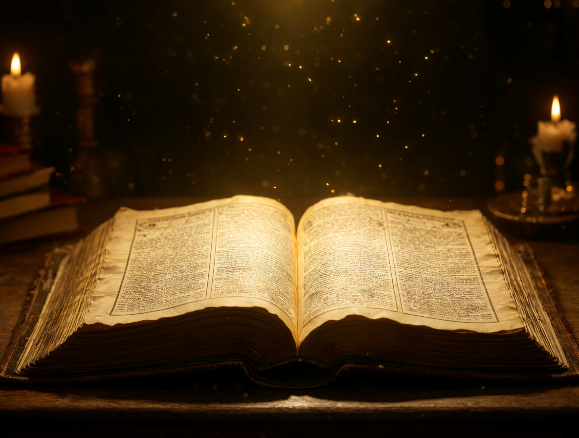 Una Biblia abierta sobre una mesa de madera con luz cálida y partículas doradas flotando en el aire.