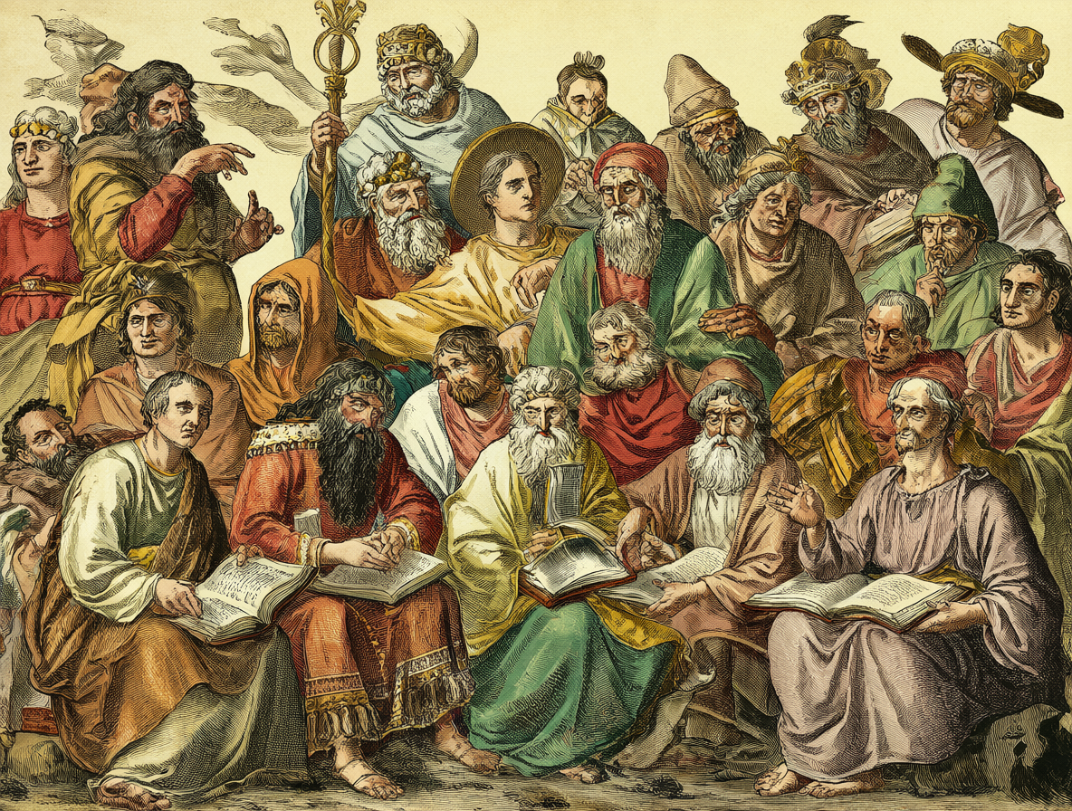 Ilustración detallada con figuras históricas como Moisés, David, Pedro y Jonás rodeando libros abiertos.
