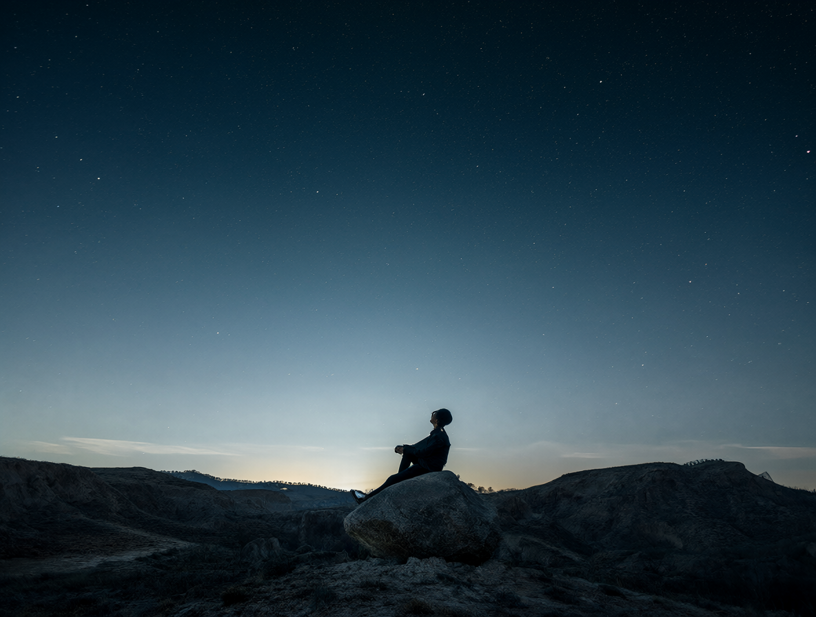 Una figura solitaria sentada en un paisaje desolado mirando hacia arriba al cielo estrellado.