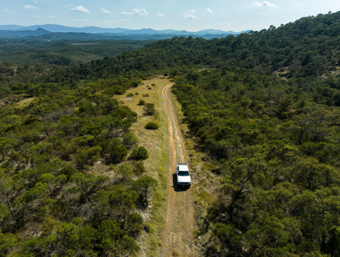 Una camioneta abandonada en una carretera de montaña remota