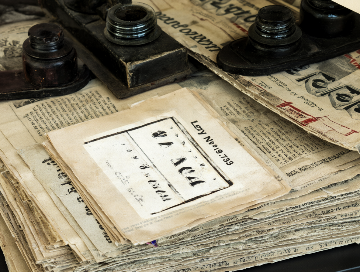 Document legal y periódicos antiguos representando la ley de prensa chilena.
