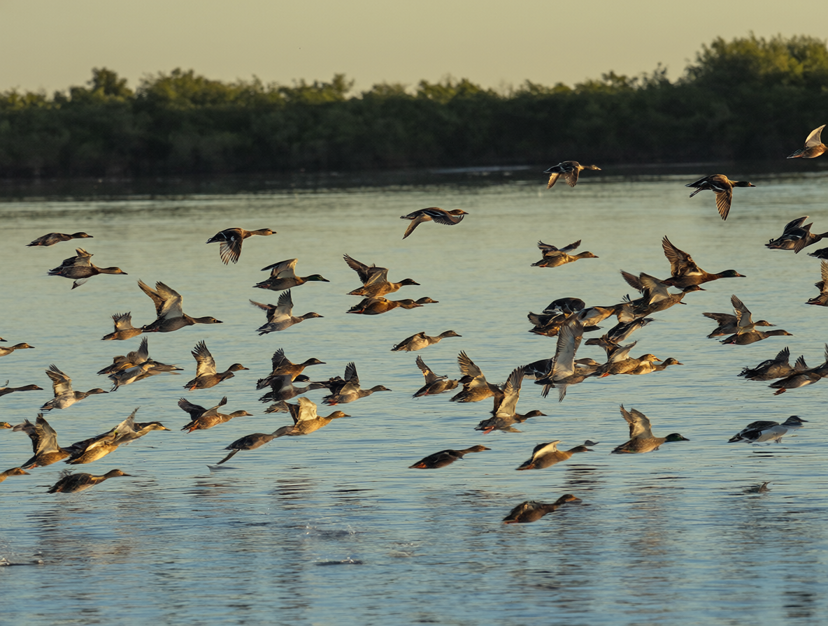 Varios patos silvestres cruzando el cielo junto a un lago
