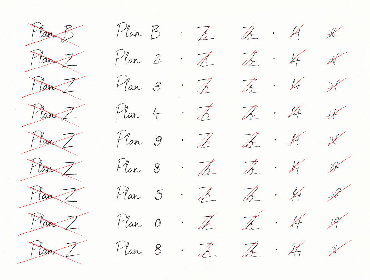 Lista de ideas descartadas como Plan B y Plan Z tachadas.