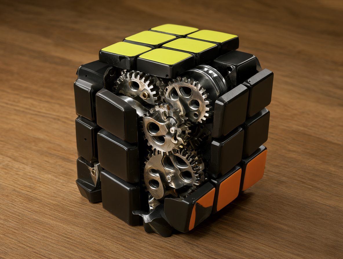 Un cubo Gear con engranajes visibles sobre una superficie de trabajo.