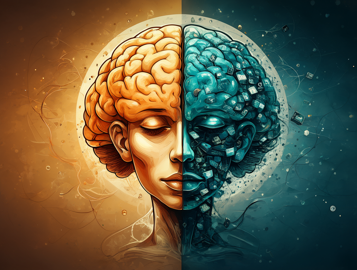 Ilustración de un cerebro humano dividido en dos mitades, mostrando la dicotomía entre calidez humana y elementos transaccionales.