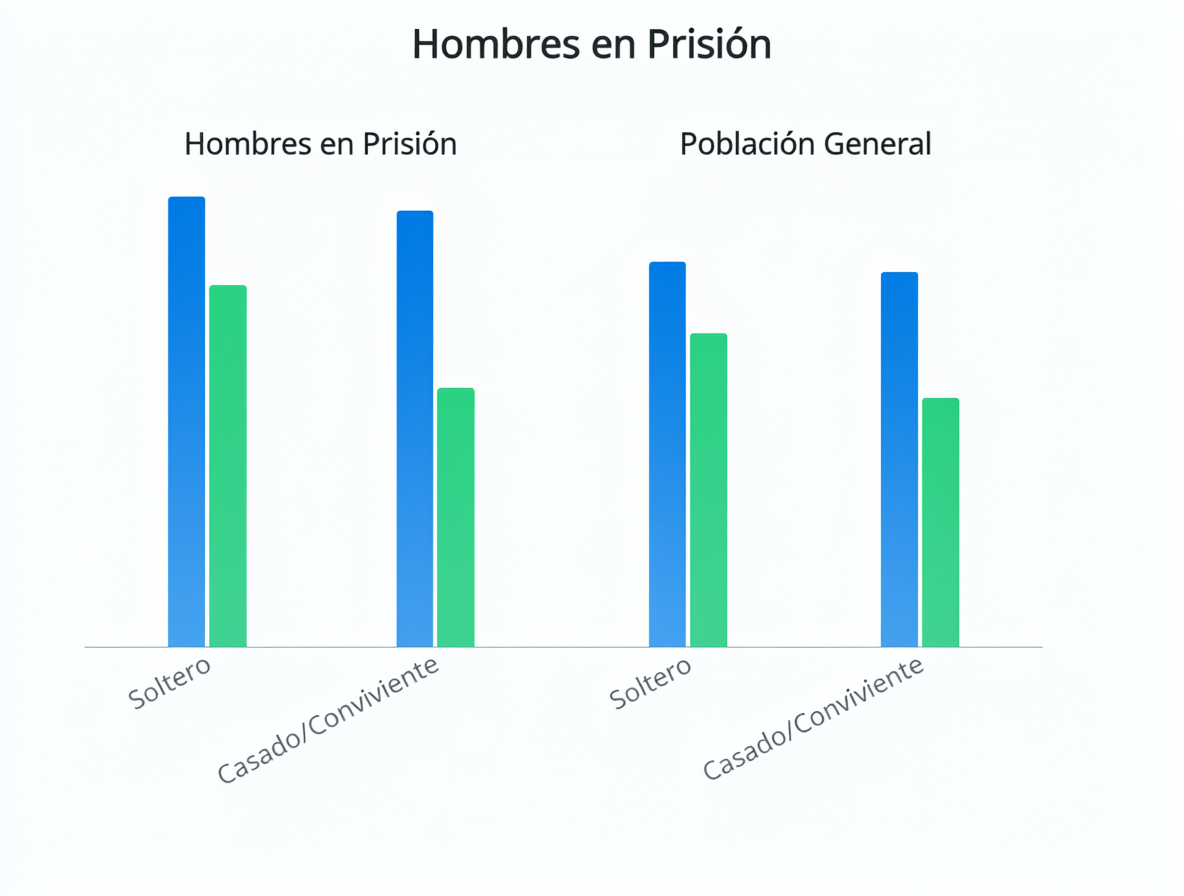 Gráfico de barras mostrando porcentajes de solteros versus casados en prisión y fuera de ella.
