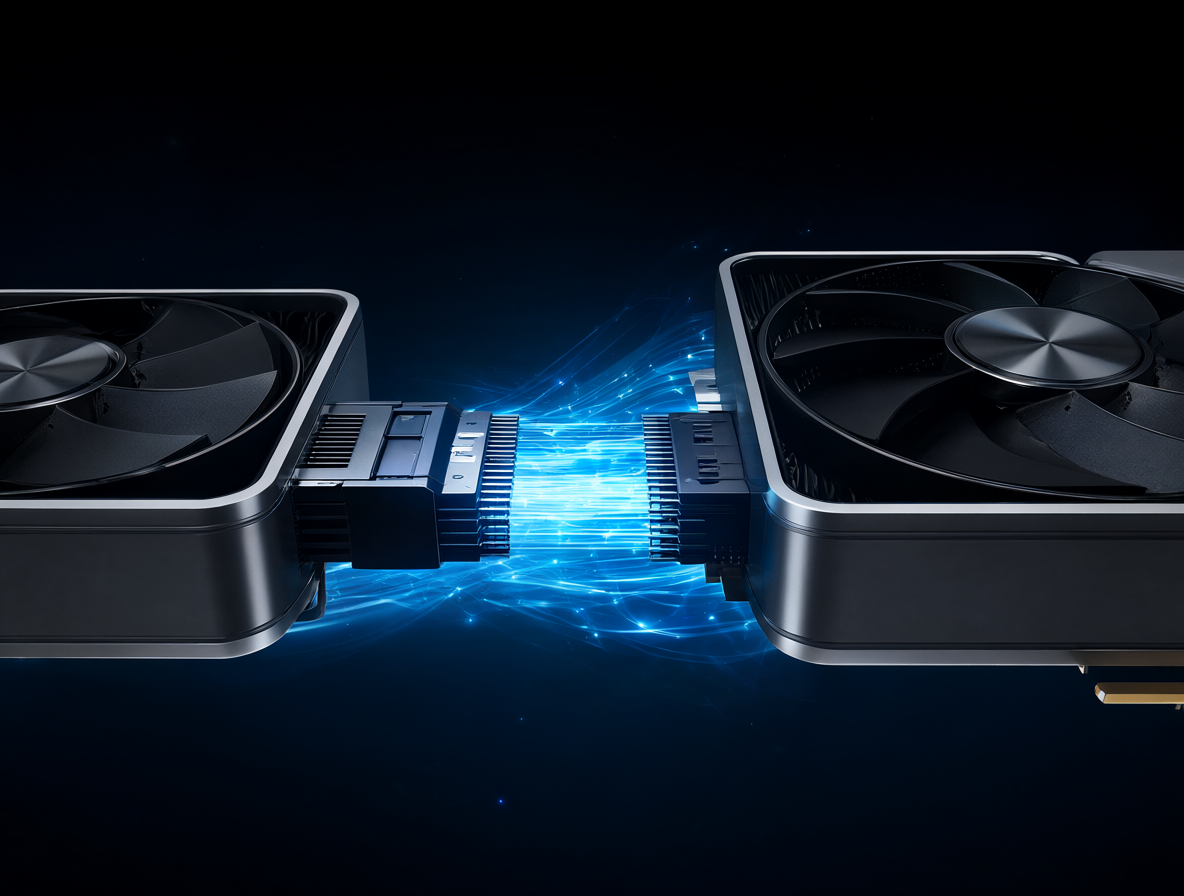 Dos tarjetas gráficas RTX 3090 conectadas con flujos de datos azules brillantes entre ellas.