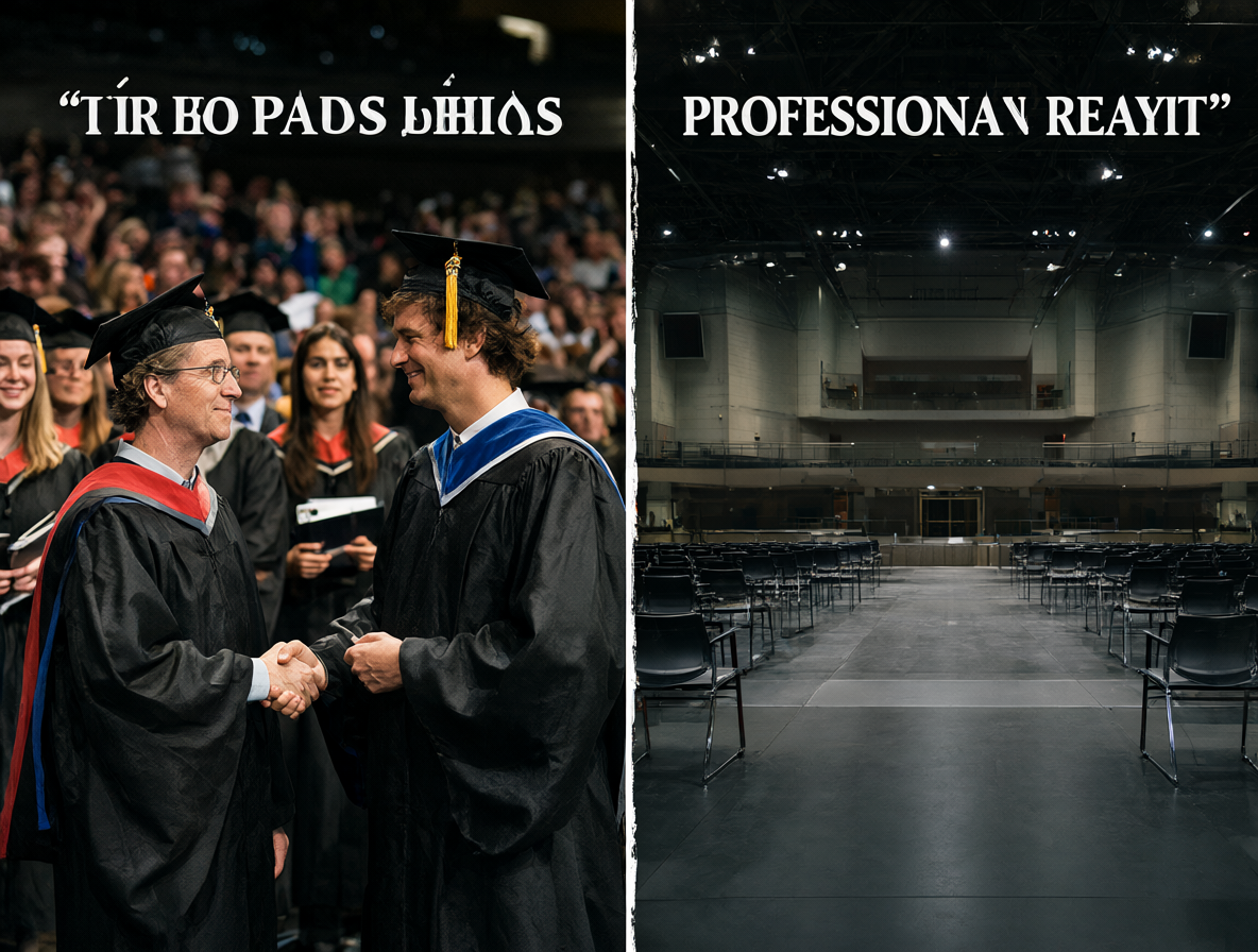A split composition contrasting the vibrant tech boom with iconic dropouts against an empty academic setting, highlighting the tension between viral myths and professional reality.