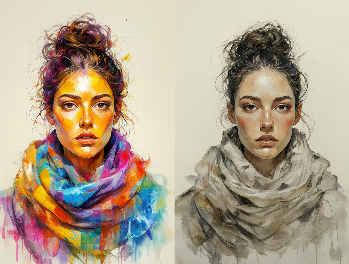 Composición dividida mostrando dos figuras gemelas con diferentes niveles de iluminación y colores vibrantes versus naturales.