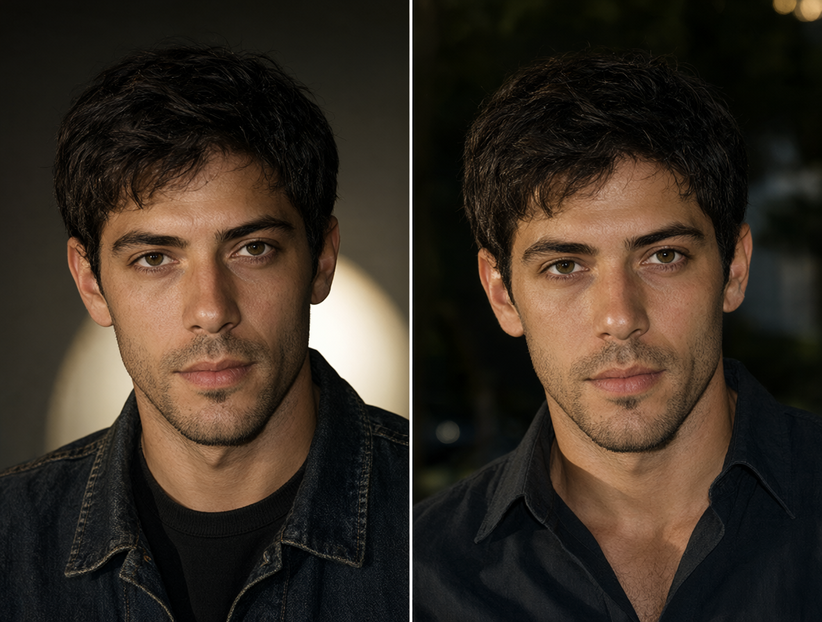 Retrato dividido mostrando a dos hermanos gemelos con diferentes niveles de iluminación y entornos.