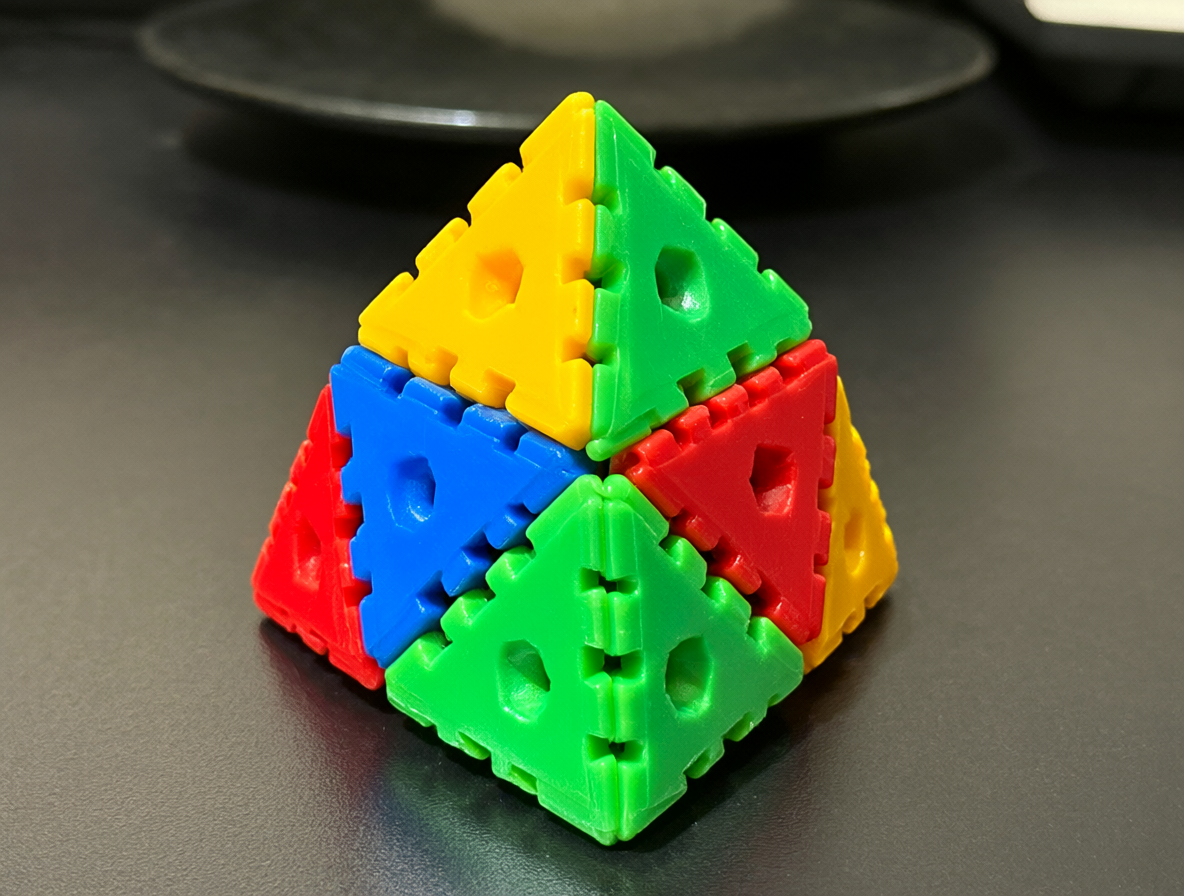 Un puzzle piramidal mecánico resuelto mostrando las caras roja, azul, verde y amarilla