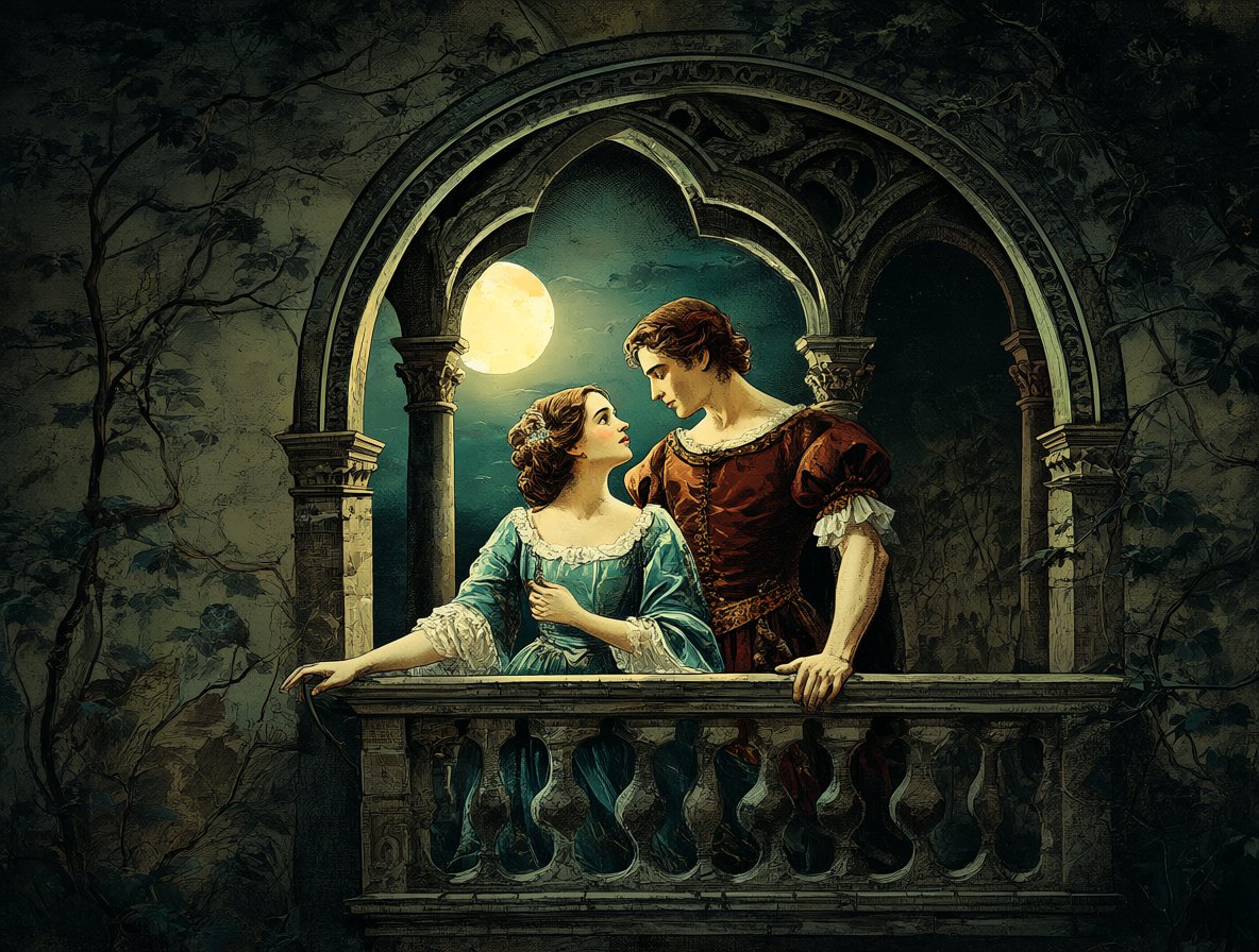 Ilustración de la escena del balcón de Romeo y Julieta bajo la luz de la luna