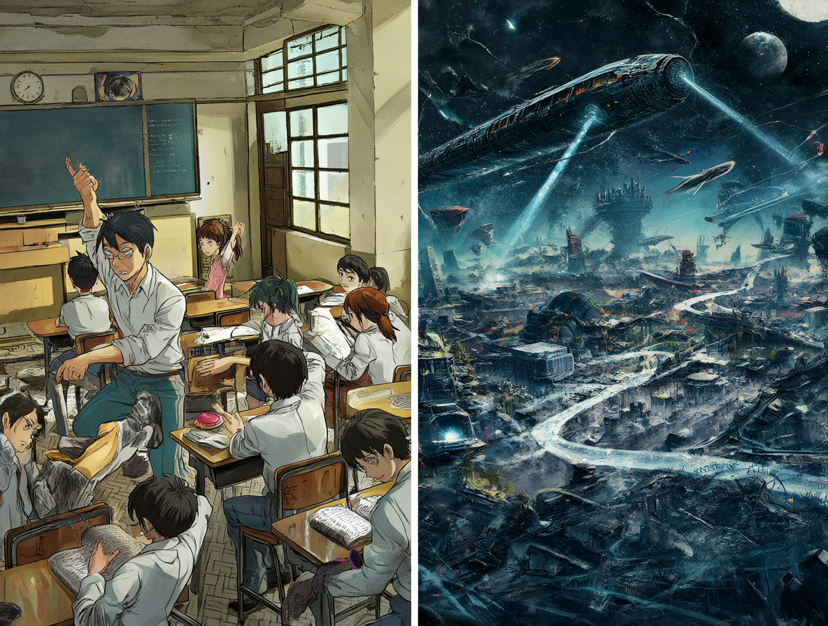Collage artístico mostrando escenas de dos animes olvidados, contrastando un entorno escolar con uno futurista.
