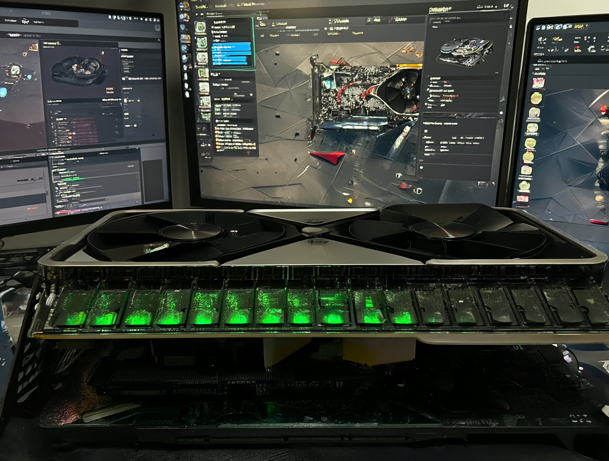 Una tarjeta gráfica NVIDIA GeForce RTX 3090 y monitores mostrando software de IA.