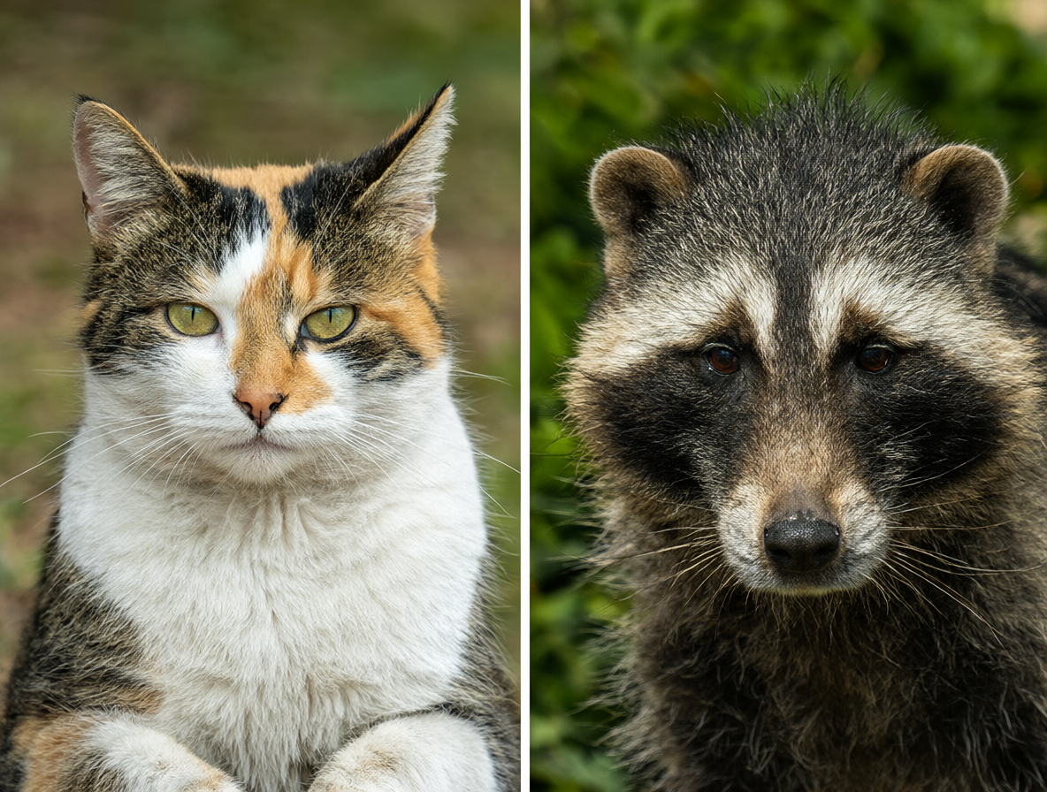Gato doméstico y mapache comparados
