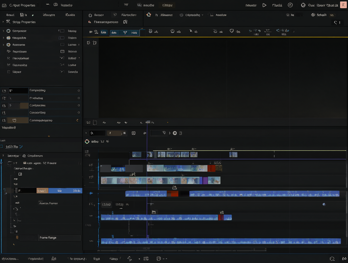 Diagrama del Video Sequence Editor de Blender mostrando la línea de tiempo, el panel lateral N y las opciones de menú para edición de video.