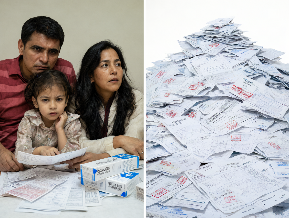 Composición dividida mostrando el impacto financiero sobre familias chilenas y documentos de deuda acumulada.
