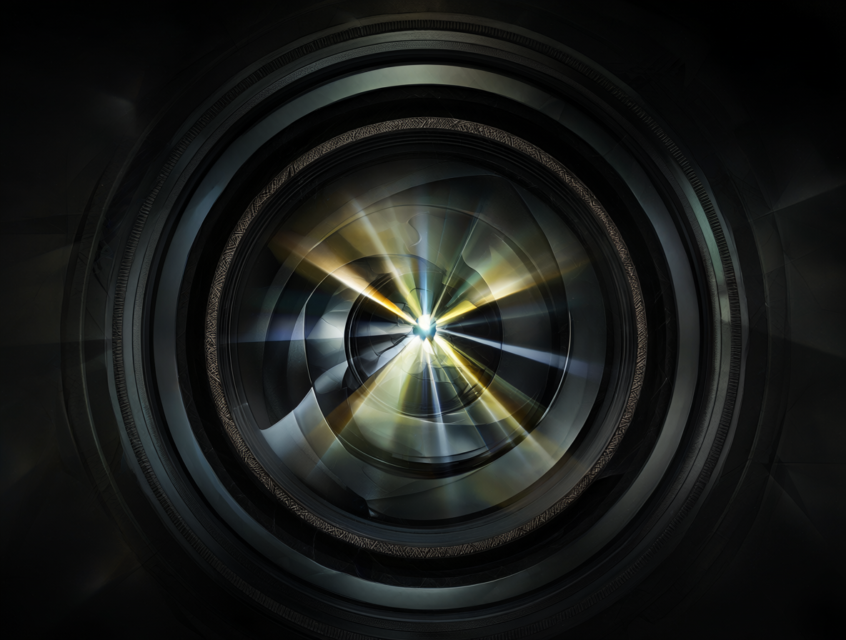 Lente de cámara digital con haces de luz, ilustrando el concepto de renderizado.