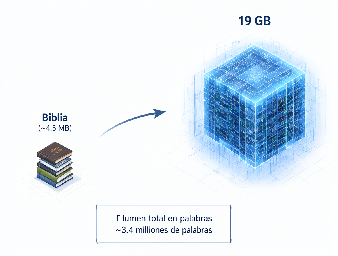 Diagrama mostrando una Biblia pequeña comparada con un bloque de almacenamiento masivo de 19 GB.