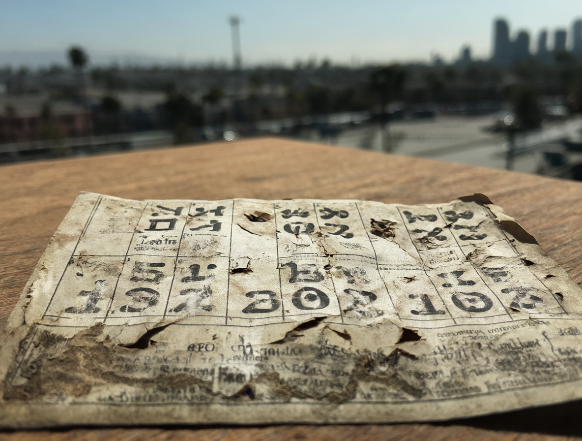 Bono de lotería antiguo deteriorado con números legibles pero código de seguridad roto
